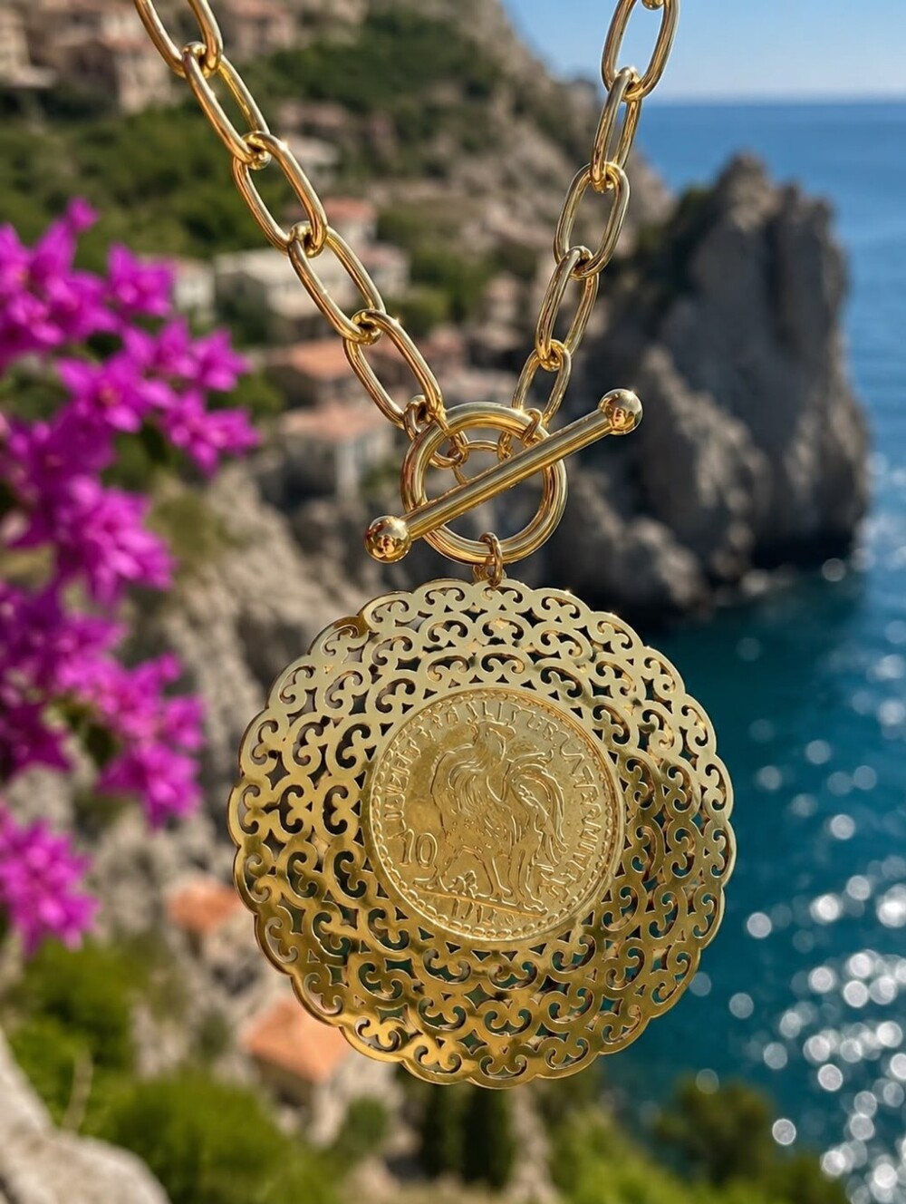 Gold Filigree Coin Pendant Chain Necklace - Picture 7 of 7